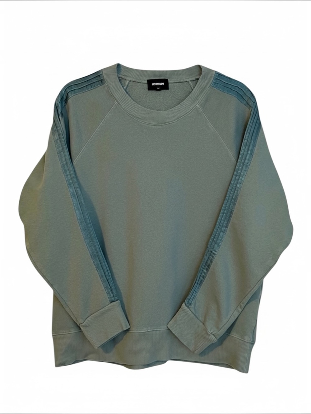 MONROW Sage Green Cotton Terry Sweatshirt | Denim Trim Raglan Pullover | Small